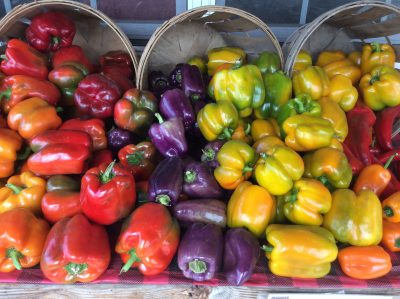 red, purple and yellow peppers in baskets at a farm stand