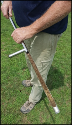 Person holding soil test probe with soil sample present.