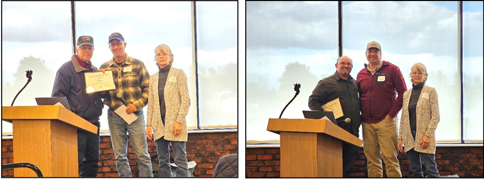 2023 CT Pomological Society Annual Meeting Award Presentations. Irv Silverman, Silverman Farms in Easton CT received the Award of Distinction from Eric Henry, Pomological Society Executive Committee member and CT Pomological Society President Mary Concklin (left). Trevor Hardy received the Award of Merit from Greg Parzych, Pomological Society Vice-President and Mary Concklin, Pomological Society President (right).Photos by Evan Lentz.