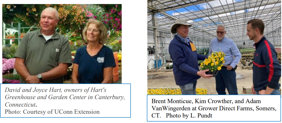 Left: David and Jayce Hart, owners of Hart's Greenhouse and Garden Center in Canterbury, Connecticut. Photo: Courtesy of UConn Extension Right: Brent Monticue, Kim Crowther, and Adam VanWingerden at Grower Direct Farms, Somers, CT. Photo by L. Pundt