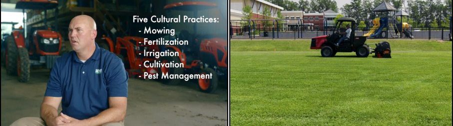 Left: Jason Henderson introduces the video and provides an overview of turfgrass maintenance cultural practices.Right: A school grounds staff member demonstrates the operation of a cultivation unit during the video.