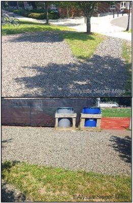 Figura 14. El césped desgastado fue reemplazado por grava en esta área de alto tráfico en la entrada de un campo de atletismo.