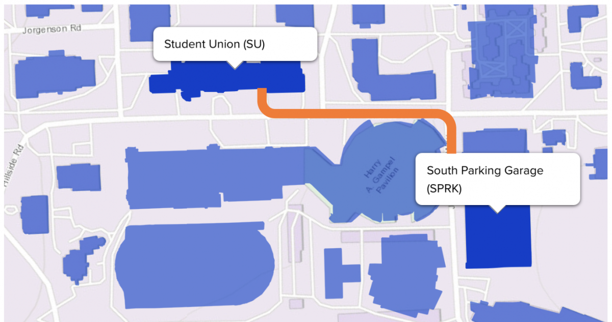 Map of UConn campus with directions from South Garage to Student Union