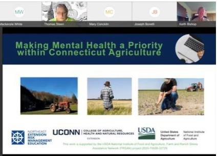 Farmer stress was addressed through a webinar with Tom Steen, Steen Consulting, and with videos with 3 farmers who have dealt with suicide in the family, and/or stress related to farming. Those videos were watched 287 times from July 2021-November 2021. They are on the https://ctfarmrisk.extension.uconn.edu website.