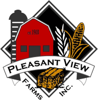 Pleasant View Farms logo with red barn and grain graphic 