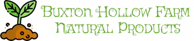 Buxton Hollow Farm Natural Products logo with green text and plant seedling graphic