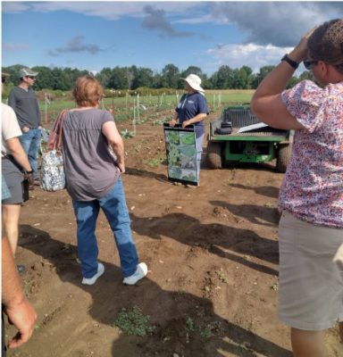 Maussi Arrunategui presenting on cabbage caterpillar pests and trap crops during the 2025 Vegetable IPM Field Workshop at the Plant Science and Landscape Architecture Research and Teaching Facility. Photo: Ana Legrand. 