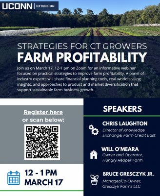 Flyer for farm profitability strategies for CT growers happening on March 17th 2026