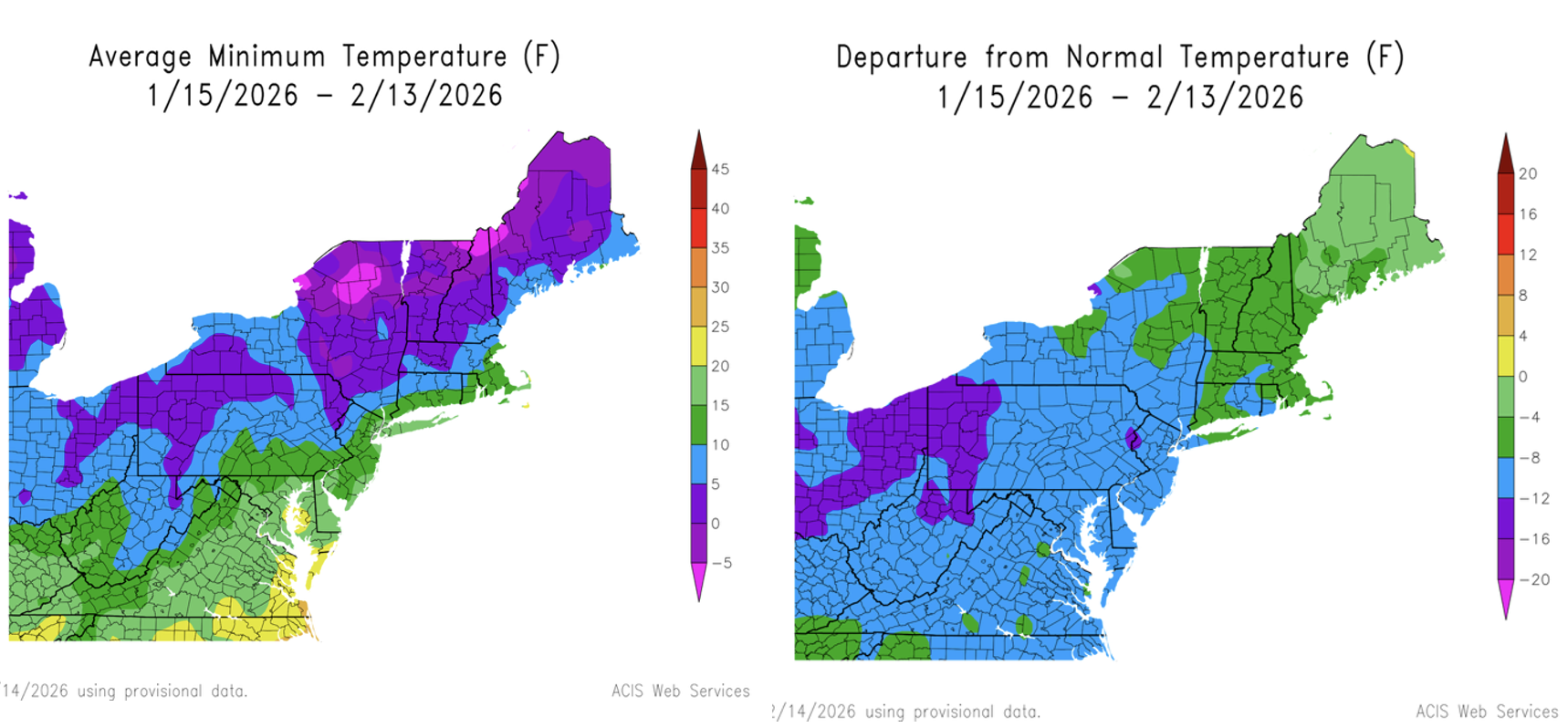 two maps of the northeast with color grading indicating average minimum temp and deviation from the norm
