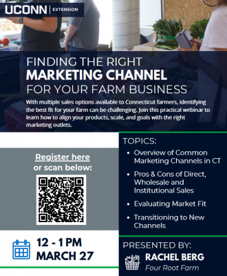 Promotional flyer for Finding the Right Marketing Channel For your Farm Business Webinar on March 27th at 12pm