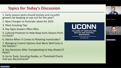 Screenshot of intro slide to early season vegetable ipm with matt debaco and shuresh ghimire