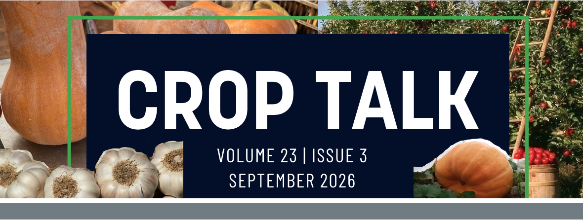 Fall images of pumpkins, winter squash, apples, and garlic surround title header for the September 2026 Crop Talk
