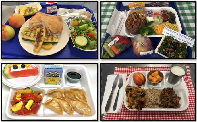 Four photos of lunch trays with a variety of food options.