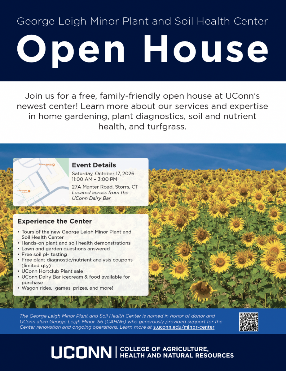 Flyer for the George Leigh Minor Plant and Soil Health Center Open House at UConn. Dark navy header with white text reading "Open House." Below, black text on white explains: a free, family-friendly open house at UConn's newest center, focused on home gardening, plant diagnostics, soil and nutrient health, and turfgrass. The lower two-thirds shows a photo of a sunflower field under blue sky, with two white text boxes overlaid on the left: Event Details box: Saturday, October 17, 2026, 11:00 AM – 3:00 PM, at 27A Manter Road, Storrs, CT (located across from the UConn Dairy Bar), with a small location map. Experience the Center box, listing activities: tours of the new center, hands-on plant and soil health demonstrations, lawn and garden Q&A, free soil pH testing, free plant diagnostic/nutrient analysis coupons (limited quantity), UConn Hortclub plant sale, UConn Dairy Bar ice cream and food for purchase, and wagon rides, games, and prizes. A blue footer bar states the Center is named in honor of donor and UConn alum George Leigh Minor '56 (CAHNR), who supported the Center's renovation and ongoing operations, with a link to s.uconn.edu/minor-center and a QR code. The bottom navy bar displays the UCONN logo and "College of Agriculture, Health and Natural Resources."